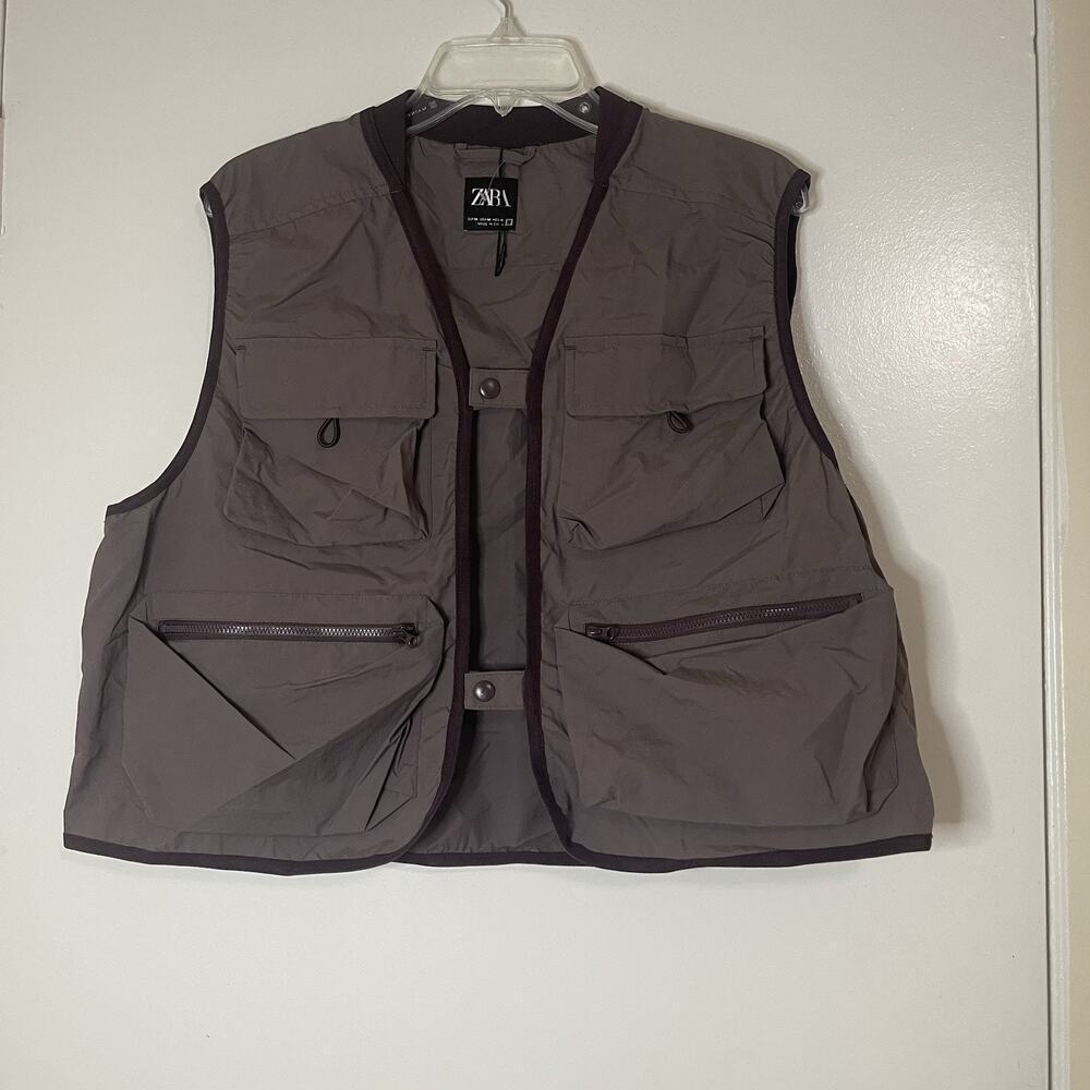 NWOT ZARA Men utility mauve pocket snap front woven vest Medium